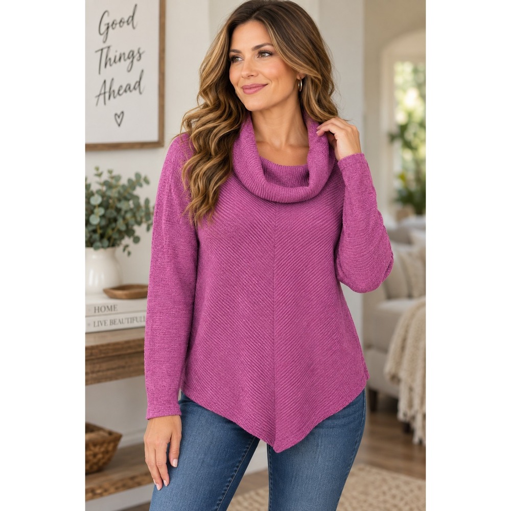 Kathy Ireland Women Small Violet Cowl Neck Sweater Tunic Chevron Knit Cozy Layer